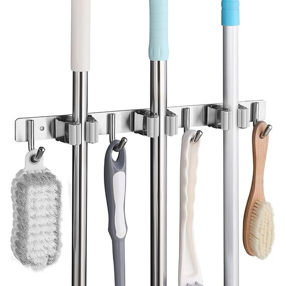 SHYOSUCCE Edelstahl Besenhalter, Besenhalterung Wand mit 3 Schlitze und 4 Haken, Gerätehalter Wandhalterung für Küche, Badezimmer, Garage und Garten, Grau