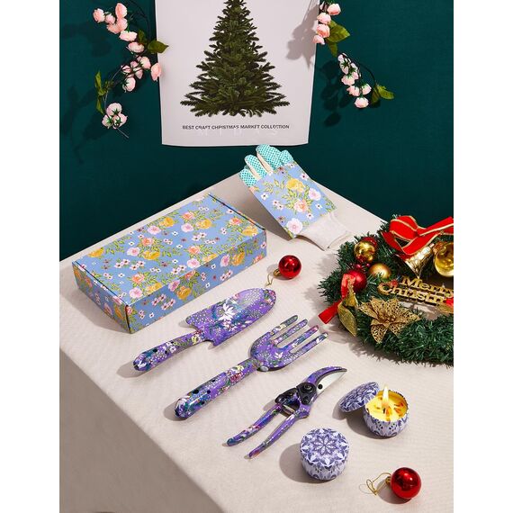 Gartengeschenke für Frauen, 6-teiliges Gartengeräte-Set mit Blumendruck, inklusive Kelle, Gabel, Schere, 2 Kerzen und Handschuhe, Muttertags-Geburtstagsgeschenke für Mutter, Gärtnerinnen (lila)