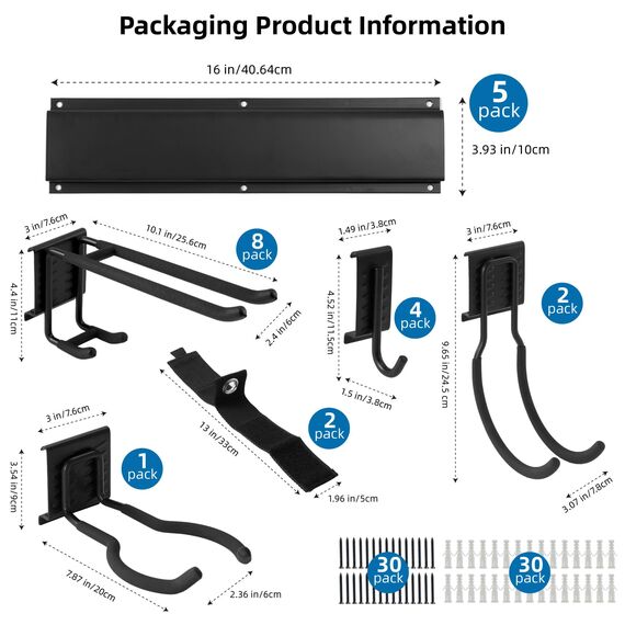 Tool Organizer Wandhalterung, 80 Zoll Garage Organizer Wandmontage, Gartenwerkzeug-Aufbewahrungsregal mit 15 Haken mit 2 Gurten für Skiausrüstung, Rechenschaufel Hofwerkzeuge, Stuhl, Gartenschläuche