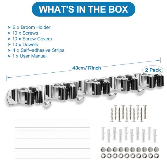 ibell 2 Stück Besenhalterung Wand, Gerätehalter Edelstahl mit 10 Halter und 8 Haken, Gartengerätehalter Wandhaken Mopphalter Wandhalterung Selbstklebend Werkzeughalter für Badezimmer Garten Garage