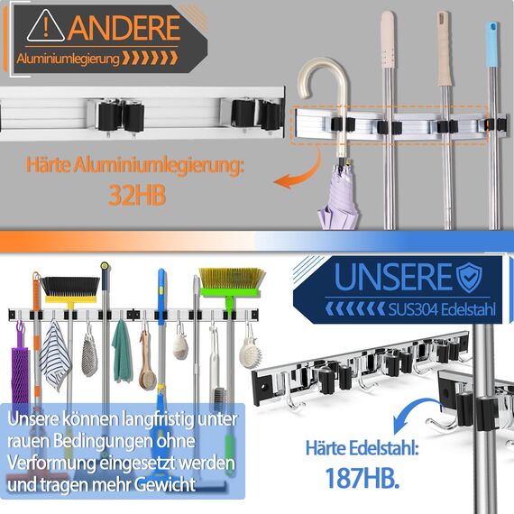 3-H Besenhalterung Wand 2x 38cm, 2-in-1 Dual Montage (Variabel verschiebbar oder wandschonend selbstklebend), Edelstahl Gerätehalter Wandhalterung für Garten Garage Keller (3 Halter & 4 Haken,Silber)