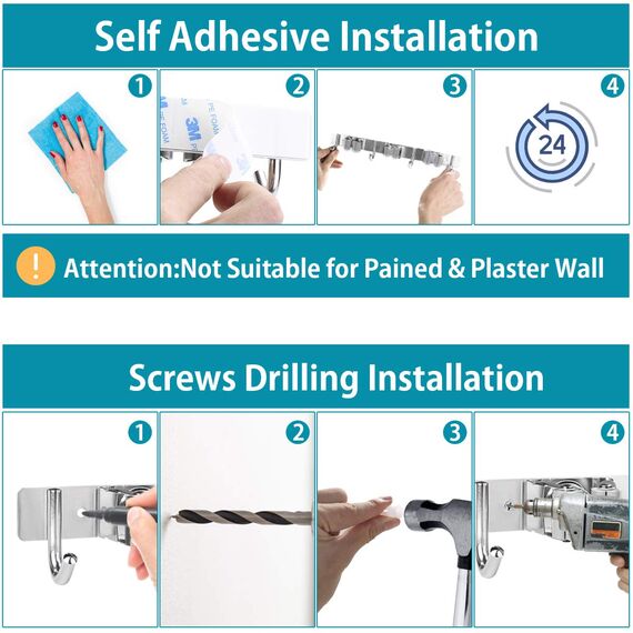 SHYOSUCCE Edelstahl Besenhalter, Besenhalterung Wand mit 3 Schlitze und 4 Haken, Gerätehalter Wandhalterung für Küche, Badezimmer, Garage und Garten, Grau