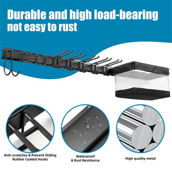 Sinoer Garage Werkzeugregal, Gartenwerkzeug Organizer Rack mit 9 Haken mit 2 Gurten und 1 Stück Stoffkorb, verstellbare Metallhaken, Yard Shed Organizer Rack, Werkzeughalter für Stühle, Besen, Harke