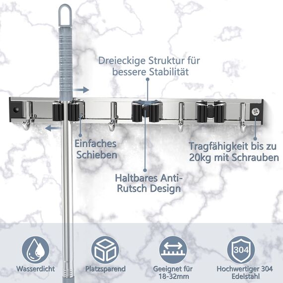 3-H Besenhalterung Wand 2x 38cm, 2-in-1 Dual Montage (Variabel verschiebbar oder wandschonend selbstklebend), Edelstahl Gerätehalter Wandhalterung für Garten Garage Keller (3 Halter & 4 Haken,Silber)
