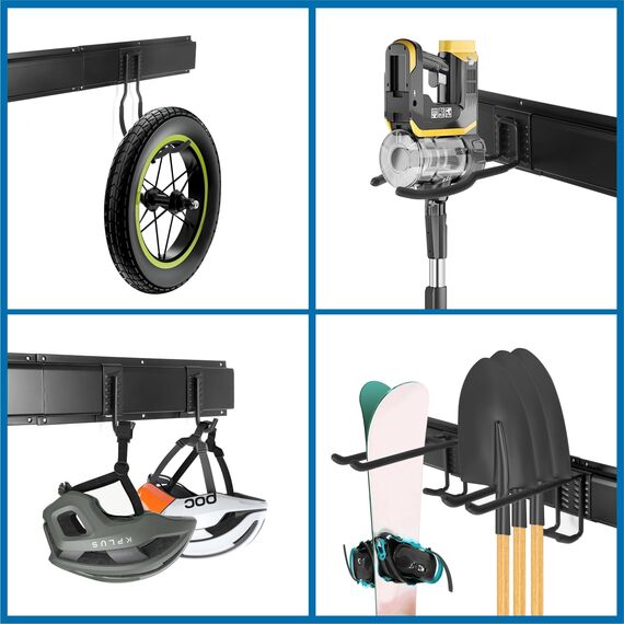 Tool Organizer Wandhalterung, 80 Zoll Garage Organizer Wandmontage, Gartenwerkzeug-Aufbewahrungsregal mit 15 Haken mit 2 Gurten für Skiausrüstung, Rechenschaufel Hofwerkzeuge, Stuhl, Gartenschläuche