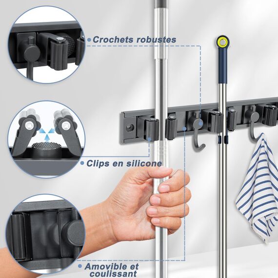 Airminti Besenhalterung Wand, 2 Stück Gartengerätehalter mit 5 Halter 4 Haken, Verschiebbar Abnehmbar Wandhalterung Besen Gerätehalter Edelstahl Selbstklebend für Zuhause Küche Badezimmer (schwarz)