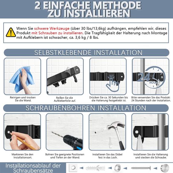 3-H Besenhalterung Wand 2 Stück mit 2 Besenhalter,2-in-1 Dual Montage(Stabile Schraubmontage oder wandschonend selbstklebend)Edelstahl Gerätehalter für Garten Garage Keller(3 Halter & 4 Haken,Schwarz)
