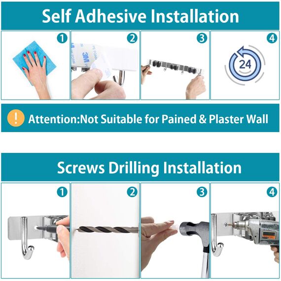 SHYOSUCCE Edelstahl Besenhalter, Besenhalterung Wand mit 3 Schlitze und 4 Haken, Gerätehalter Wandhalterung für Küche, Badezimmer, Garage und Garten, Schwarz