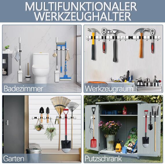 3-H Besenhalterung Wand 2 Stück mit 2 Besenhalter,2-in-1 Dual Montage(Stabile Schraubmontage oder wandschonend selbstklebend),Edelstahl Gerätehalter für Garten Garage Keller(3 Halter & 4 Haken,Silber)