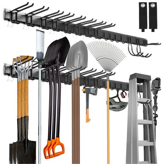 Tool Organizer Wandhalterung, 80 Zoll Garage Organizer Wandmontage, Gartenwerkzeug-Aufbewahrungsregal mit 15 Haken mit 2 Gurten für Skiausrüstung, Rechenschaufel Hofwerkzeuge, Stuhl, Gartenschläuche