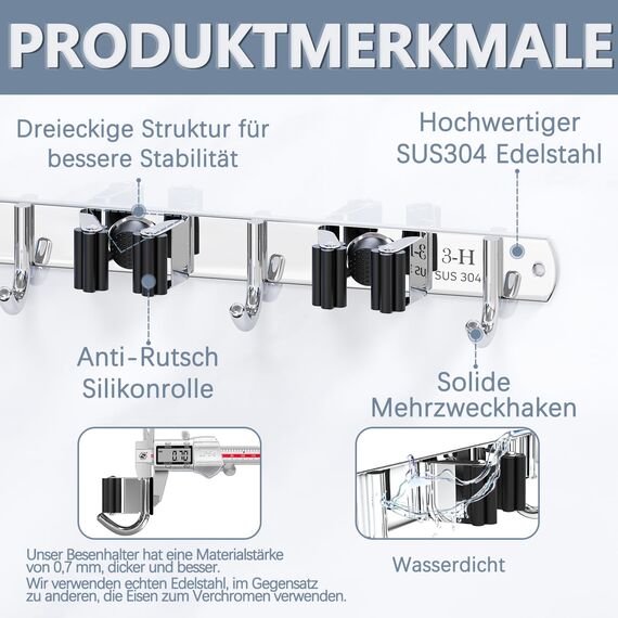 3-H Besenhalterung Wand, 2-in-1 Dual Montage (Stabile Schraubmontage oder wandschonend selbstklebend), Edelstahl Gerätehalter Wandhalterung für Badezimmer Garten Garage (4 Halter & 5 Haken, Silber)