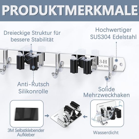 3-H Besenhalterung Wand 2 Stück mit 2 Besenhalter,2-in-1 Dual Montage(Stabile Schraubmontage oder wandschonend selbstklebend),Edelstahl Gerätehalter für Garten Garage Keller(3 Halter & 4 Haken,Silber)