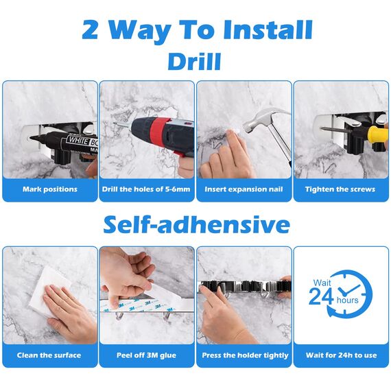 YOCOLE 2 Stück Besenhalterung Wand, Gerätehalter Edelstahl Besen Mop Halter, Besenstielhalter Gartengerätehalter Wand Selbstklebend 8 Halter und 6 Haken für Schrank Balkon Badezimme