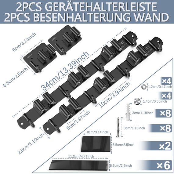 3-H Besenhalterung Wand 2 Stück mit 2 Besenhalter,2-in-1 Dual Montage(Stabile Schraubmontage oder wandschonend selbstklebend)Edelstahl Gerätehalter für Garten Garage Keller(3 Halter & 4 Haken,Schwarz)