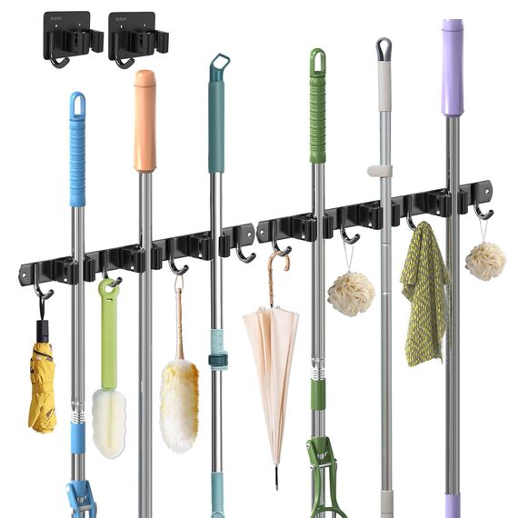 3-H Besenhalterung Wand 2 Stück mit 2 Besenhalter,2-in-1 Dual Montage(Stabile Schraubmontage oder wandschonend selbstklebend)Edelstahl Gerätehalter für Garten Garage Keller(3 Halter & 4 Haken,Schwarz)