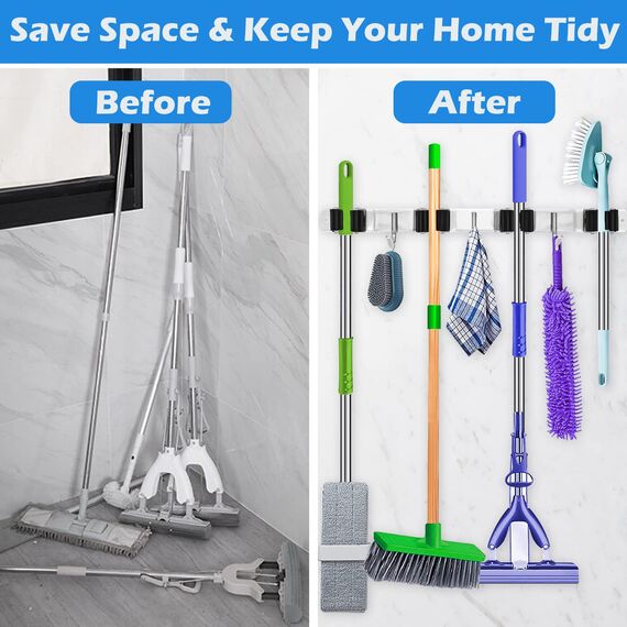 YOCOLE 2 Stück Besenhalterung Wand, Gerätehalter Edelstahl Besen Mop Halter, Besenstielhalter Gartengerätehalter Wand Selbstklebend 8 Halter und 6 Haken für Schrank Balkon Badezimme