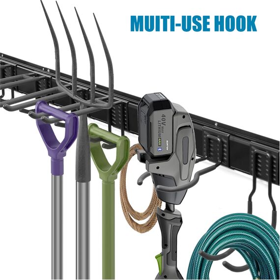 Sinoer Garage Werkzeugregal, Gartenwerkzeug Organizer Rack mit 9 Haken mit 2 Gurten und 1 Stück Stoffkorb, verstellbare Metallhaken, Yard Shed Organizer Rack, Werkzeughalter für Stühle, Besen, Harke