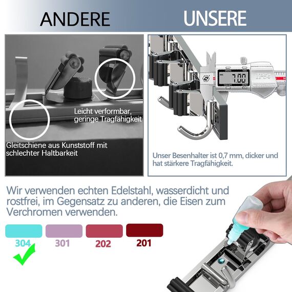 3-H Besenhalterung Wand 2x 38cm, 2-in-1 Dual Montage (Variabel verschiebbar oder wandschonend selbstklebend), Edelstahl Gerätehalter Wandhalterung für Garten Garage Keller (3 Halter & 4 Haken,Silber)