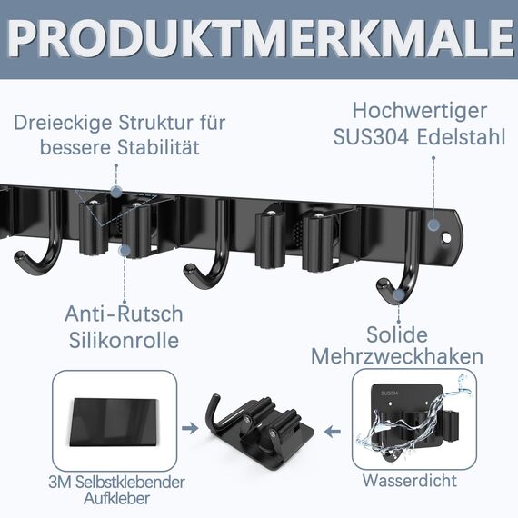 3-H Besenhalterung Wand 2 Stück mit 2 Besenhalter,2-in-1 Dual Montage(Stabile Schraubmontage oder wandschonend selbstklebend)Edelstahl Gerätehalter für Garten Garage Keller(3 Halter & 4 Haken,Schwarz)