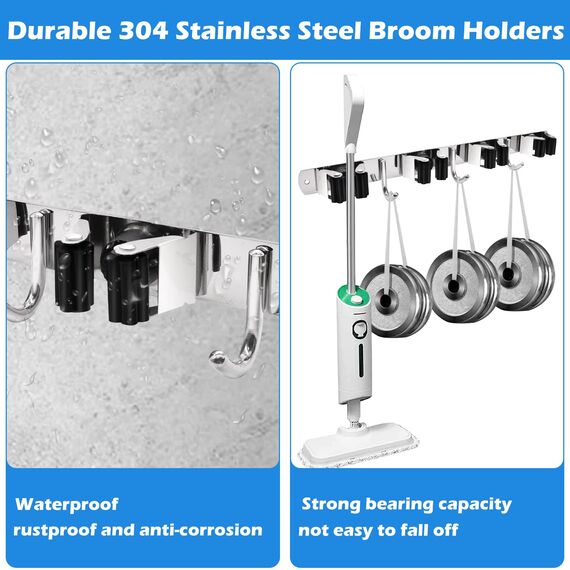 YOCOLE 2 Stück Besenhalterung Wand, Gerätehalter Edelstahl Besen Mop Halter, Besenstielhalter Gartengerätehalter Wand Selbstklebend 8 Halter und 6 Haken für Schrank Balkon Badezimme