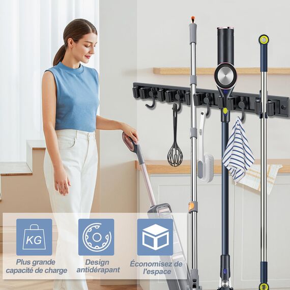 Airminti Besenhalterung Wand, 2 Stück Gartengerätehalter mit 5 Halter 4 Haken, Verschiebbar Abnehmbar Wandhalterung Besen Gerätehalter Edelstahl Selbstklebend für Zuhause Küche Badezimmer (schwarz)