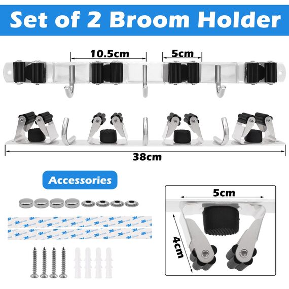 YOCOLE 2 Stück Besenhalterung Wand, Gerätehalter Edelstahl Besen Mop Halter, Besenstielhalter Gartengerätehalter Wand Selbstklebend 8 Halter und 6 Haken für Schrank Balkon Badezimme