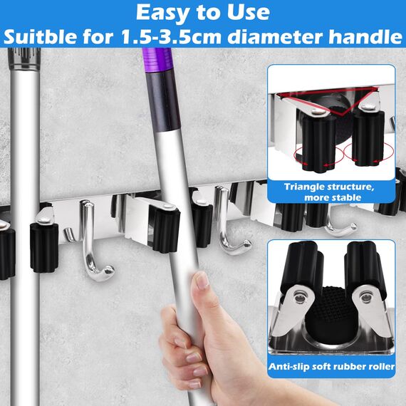 YOCOLE 2 Stück Besenhalterung Wand, Gerätehalter Edelstahl Besen Mop Halter, Besenstielhalter Gartengerätehalter Wand Selbstklebend 8 Halter und 6 Haken für Schrank Balkon Badezimme