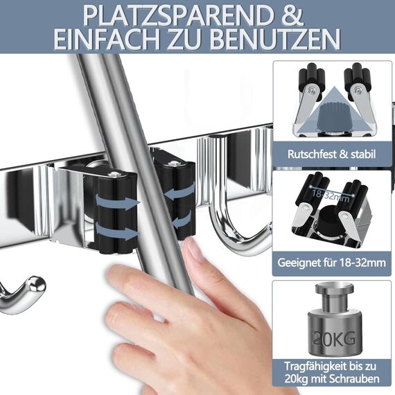 3-H Besenhalterung Wand 2 Stück, 2-in-1 Dual Montage (Stabile Schraubmontage oder wandschonend selbstklebend), Edelstahl Gerätehalter Wandhalterung für Garten Garage Keller(3 Halter & 4 Haken, Silber)