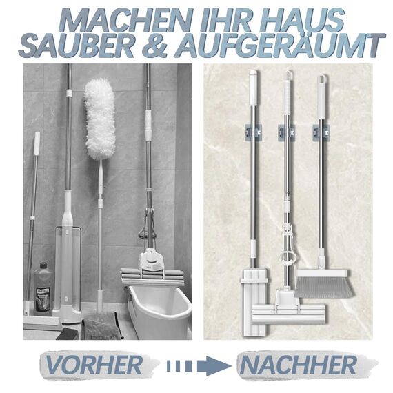 3-H Besenhalterung Wand Selbstklebend, Wandhalterung Besen ohne Bohren, Gerätehalter 40 Stück Set, Besenhalter für Gartengeräte, Werkzeugehlter für Badezimmer Küche Zuhaus Garten Garage, Grau