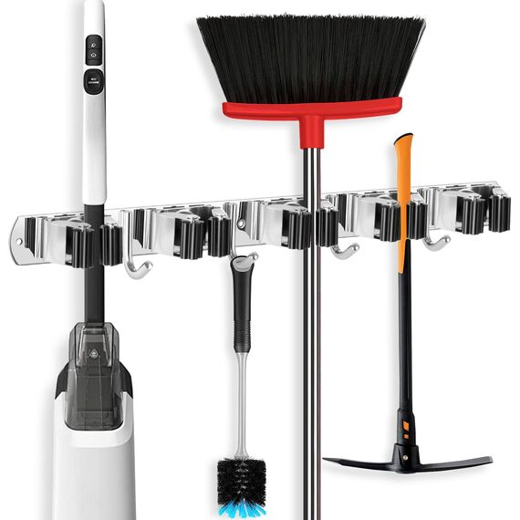 Besenhalterung Wand, IBELL Gerätehalter Edelstahl Wandhalterung mit 5 Halter und 4 Haken, Gartengerätehalter Besenhalter Mopphalter Wandhaken Selbstklebend Werkzeughalter ohne Bohren für Garten Garage