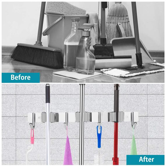 SHYOSUCCE Edelstahl Besenhalter, Besenhalterung Wand mit 3 Schlitze und 4 Haken, Gerätehalter Wandhalterung für Küche, Badezimmer, Garage und Garten, Grau