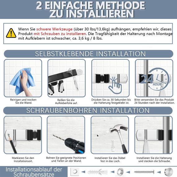 3-H Besenhalterung Wand 2 Stück mit 2 Besenhalter,2-in-1 Dual Montage(Stabile Schraubmontage oder wandschonend selbstklebend),Edelstahl Gerätehalter für Garten Garage Keller(3 Halter & 4 Haken,Silber)