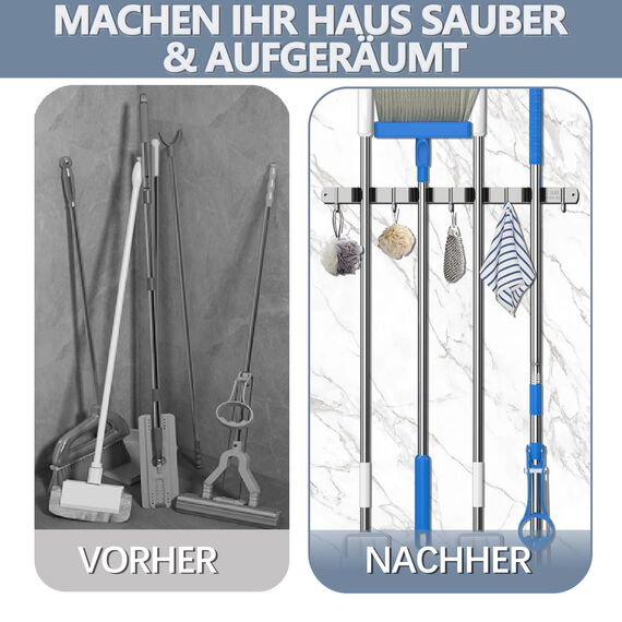 3-H Besenhalterung Wand, 2-in-1 Dual Montage (Stabile Schraubmontage oder wandschonend selbstklebend), Edelstahl Gerätehalter Wandhalterung für Badezimmer Garten Garage (4 Halter & 5 Haken, Silber)