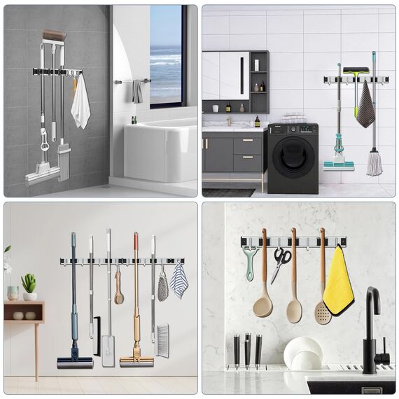 3-H Besenhalterung Wand 38cm, 2-in-1 Dual Montage (Variabel verschiebbar oder wandschonend selbstklebend), Edelstahl Gerätehalter Wandhalterung für Badezimmer Garten Garage (3 Halter & 4 Haken,Silber)