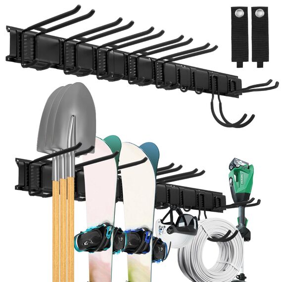 Sinoer Garage Tool Management Wandregal, Garage Wall Management Aufbewahrungsregal mit Haken mit 9 verstellbaren Bügeleisen, Gartengeräten, Stühlen, Besen, Mopps, Rechen