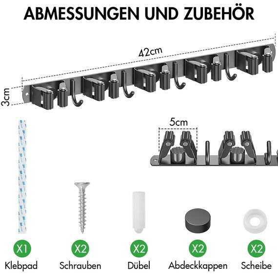 Radikor Besenhalterung Wand, Selbstklebender Besenhalter mit 5 Halter und 4 Haken, Edelstahl Gerätehalter Schraubbar, Gartengerätehalter Gartengeräte Halterung, Besen Mop Halter, Schwarz