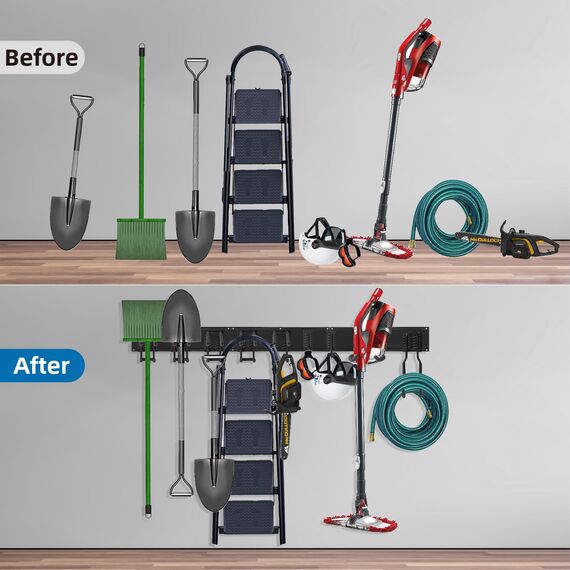 Sinoer Garage Tool Management Wandregal, Garage Wall Management Aufbewahrungsregal mit Haken mit 9 verstellbaren Bügeleisen, Gartengeräten, Stühlen, Besen, Mopps, Rechen