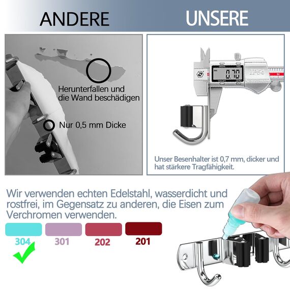 3-H Besenhalterung Wand 2 Stück, 2-in-1 Dual Montage (Stabile Schraubmontage oder wandschonend selbstklebend), Edelstahl Gerätehalter Wandhalterung für Garten Garage Keller(3 Halter & 4 Haken, Silber)