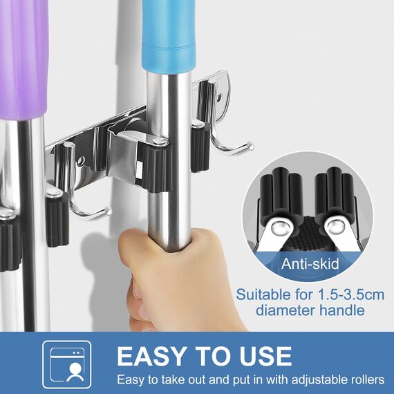 ibell 2 Stück Besenhalterung Wand, Gerätehalter Edelstahl, Besen Mop Halter Wandhalterung, Selbstklebend Werkzeughalter Organizer mit 3 Halter und 4 Haken für Zuhause Küche Badezimmer