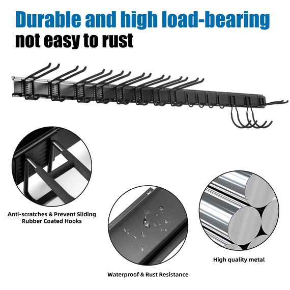 Tool Organizer Wandhalterung, 80 Zoll Garage Organizer Wandmontage, Gartenwerkzeug-Aufbewahrungsregal mit 15 Haken mit 2 Gurten für Skiausrüstung, Rechenschaufel Hofwerkzeuge, Stuhl, Gartenschläuche