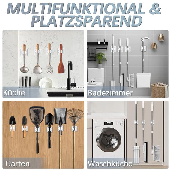 3-H Besenhalterung Wand Selbstklebend, Wandhalterung Besen ohne Bohren, Gerätehalter 24 Stück Set, Besenhalter für Gartengeräte, Werkzeugehlter für Badezimmer Küche Zuhaus Garten Garage, Cremeweiß