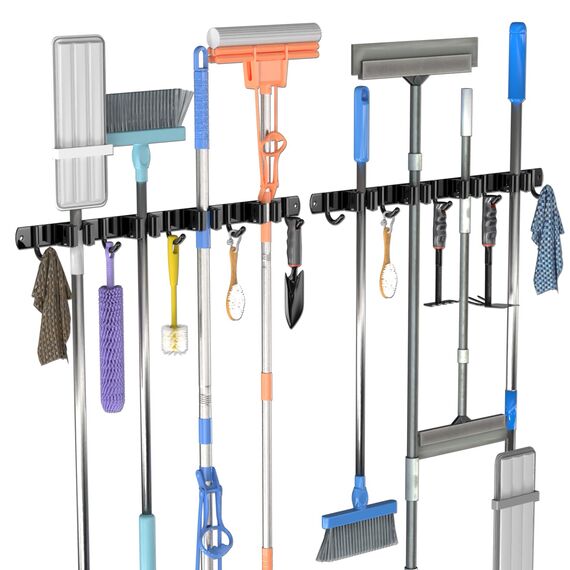 3-H Besenhalterung Wand 2 Stück, 2-in-1 Dual Montage (Stabile Schraubmontage oder wandschonend selbstklebend), Edelstahl Gerätehalter Wandhalterung für Garten Garage Keller(4 Halter & 5 Haken,Schwarz)
