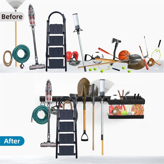 Sinoer Garage Werkzeugregal, Gartenwerkzeug Organizer Rack mit 9 Haken mit 2 Gurten und 1 Stück Stoffkorb, verstellbare Metallhaken, Yard Shed Organizer Rack, Werkzeughalter für Stühle, Besen, Harke