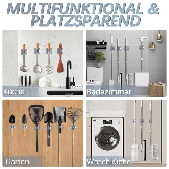3-H Besenhalterung Wand Selbstklebend, Wandhalterung Besen ohne Bohren, Gerätehalter 40 Stück Set, Besenhalter für Gartengeräte, Werkzeugehlter für Badezimmer Küche Zuhaus Garten Garage, Grau