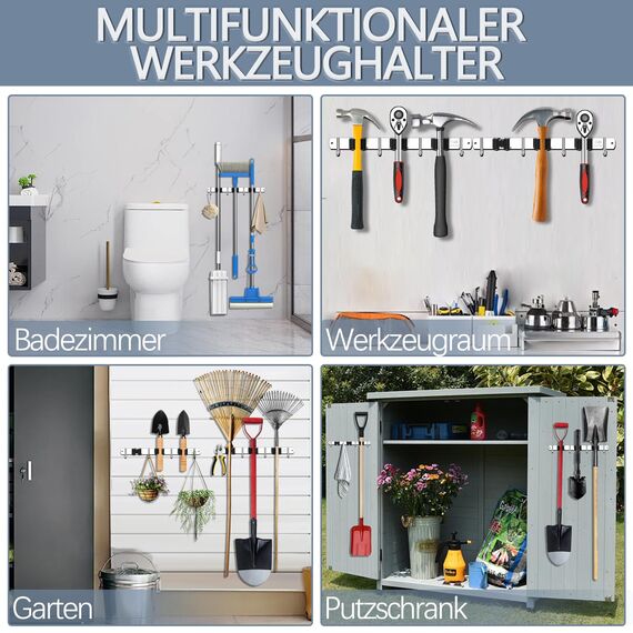 3-H Besenhalterung Wand 2 Stück, 2-in-1 Dual Montage (Stabile Schraubmontage oder wandschonend selbstklebend), Edelstahl Gerätehalter Wandhalterung für Garten Garage Keller(3 Halter & 4 Haken, Silber)