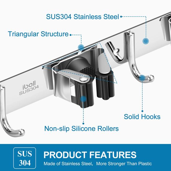 ibell 2 Stück Besenhalterung Wand, Gerätehalter Edelstahl, Besen Mop Halter Wandhalterung, Selbstklebend Werkzeughalter Organizer mit 3 Halter und 4 Haken für Zuhause Küche Badezimmer