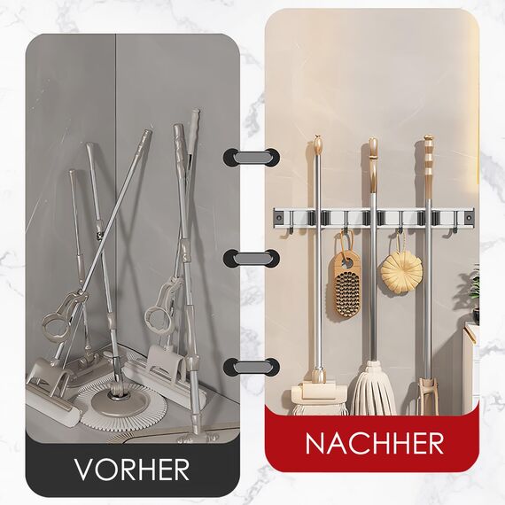 3-H Besenhalterung Wand 38cm, 2-in-1 Dual Montage (Variabel verschiebbar oder wandschonend selbstklebend), Edelstahl Gerätehalter Wandhalterung für Badezimmer Garten Garage (3 Halter & 4 Haken,Silber)