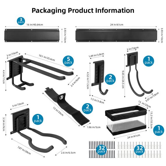 Sinoer Garage Werkzeugregal, Gartenwerkzeug Organizer Rack mit 9 Haken mit 2 Gurten und 1 Stück Stoffkorb, verstellbare Metallhaken, Yard Shed Organizer Rack, Werkzeughalter für Stühle, Besen, Harke