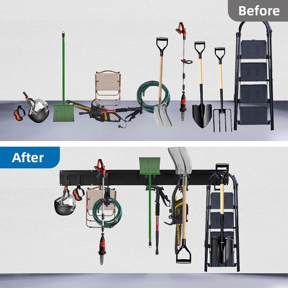 Garagen-Werkzeugorganizer mit 12 Haken, 2 Gurten & 1 Stoffkorb (40 cm) – Verstellbarer Metall-Hakenregal für Gartenwerkzeuge, – Praktische Aufbewahrungslösung für Schuppen & Haushalt