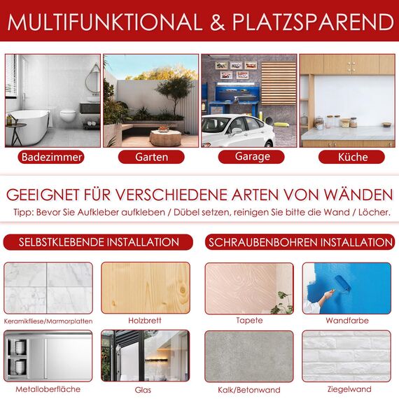 3-H Besenhalterung Wand 2x 38cm, 2-in-1 Dual Montage (Variabel verschiebbar oder wandschonend selbstklebend), Edelstahl Gerätehalter Wandhalterung für Garten Garage Keller (3 Halter & 4 Haken,Silber)